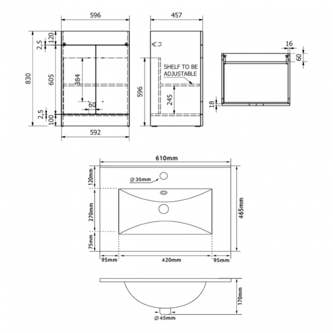 Prestige Purity 2-Door Floor Standing Vanity Unit with Ceramic Basin 600mm Wide - Matt Black  | Dimension Image