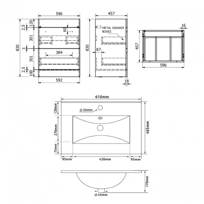 Prestige Purity 2-Drawer Floor Standing Vanity Unit with Ceramic Basin 600mm Wide - Matt Black  | Dimension Image