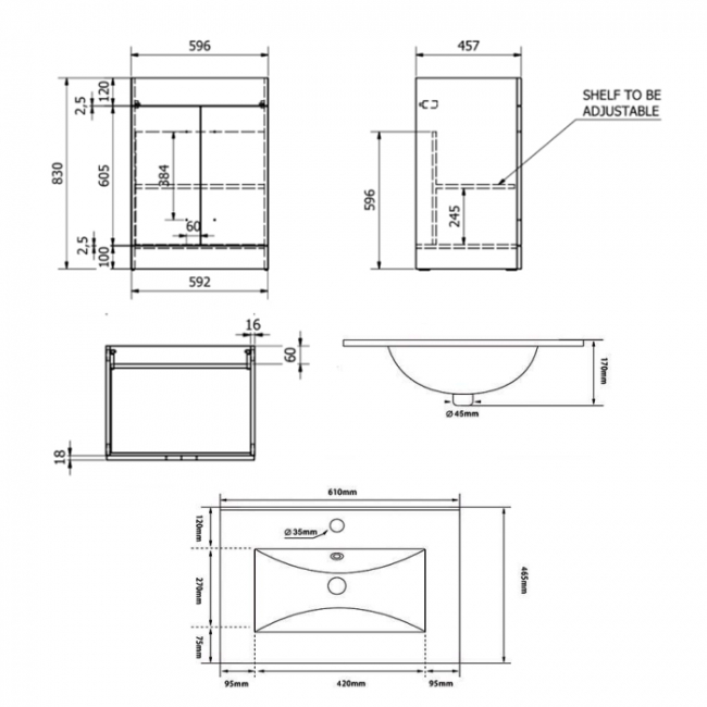 Prestige Purity 2-Door Floor Standing Vanity Unit with Ceramic Basin 600mm Wide - Silver Oak