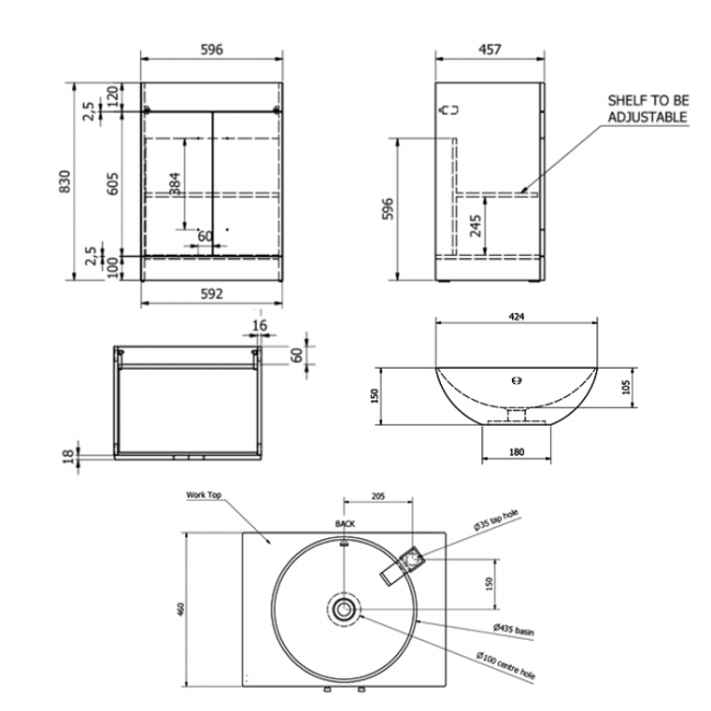 Prestige Purity 2-Door Floor Standing Vanity Unit with Sit-On Basin and Worktop 600mm Wide - Silver Oak  | Dimension Image
