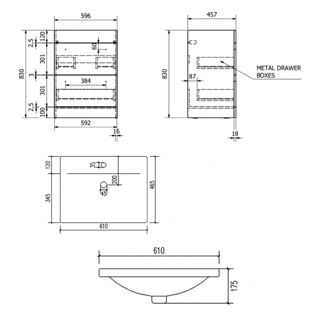 Prestige Purity 2-Drawer Floor Standing Vanity Unit with Mid Depth Ceramic Basin 600mm Wide - Silver Oak  | Dimension Image