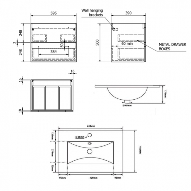 Prestige Purity 2-Drawer Wall Hung Vanity Unit with Ceramic Basin 600mm Wide - Silver Oak  | Dimension Image