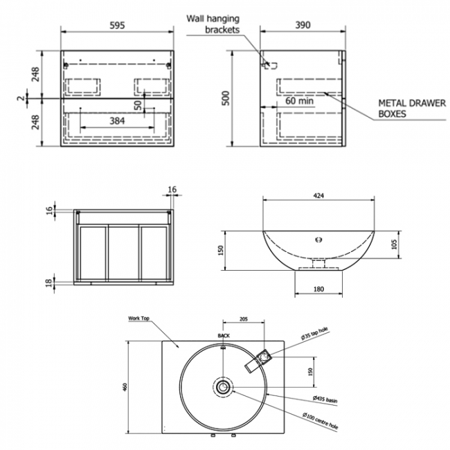 Prestige Purity 2-Drawer Wall Hung Vanity Unit with Sit-On Basin and Worktop 600mm Wide - Silver Oak  | Dimension Image