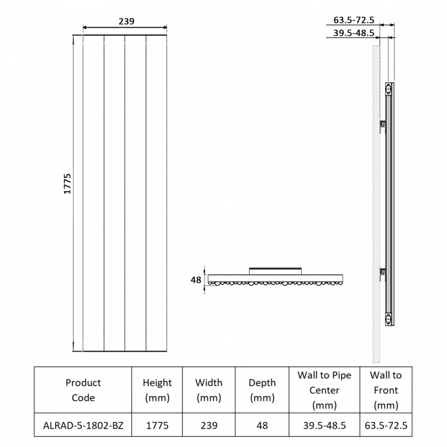Prestige Quebec Single Vertical Aluminium Radiator 1775mm H x 239mm W - Bronze  | Dimension Image