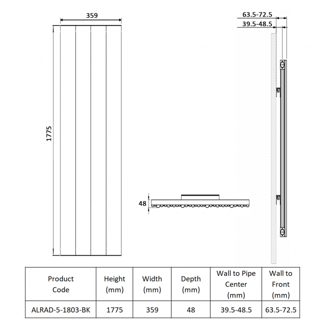 Prestige Quebec Single Vertical Aluminium Radiator 1775mm H x 359mm W - Black  | Dimension Image