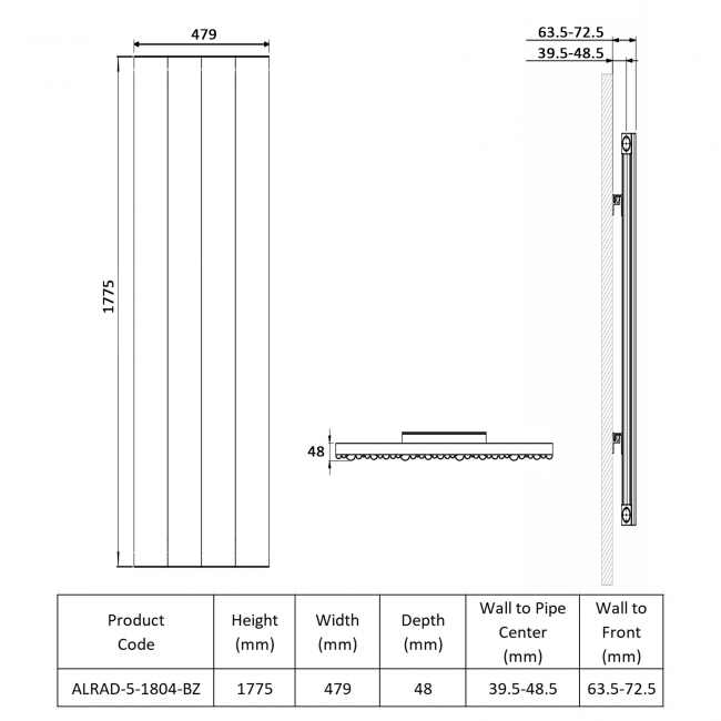 Prestige Quebec Single Vertical Aluminium Radiator 1775mm H x 479mm W - Bronze  | Dimension Image