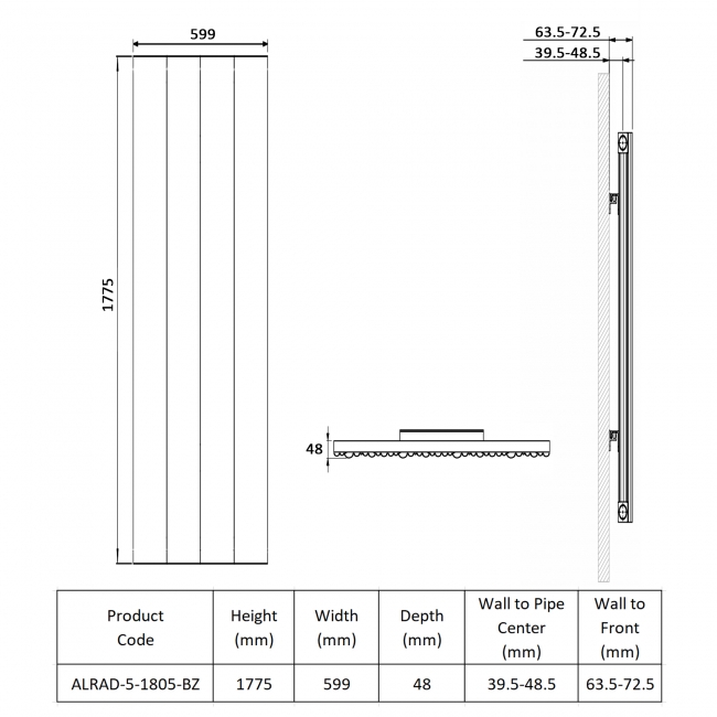 Prestige Quebec Single Vertical Aluminium Radiator 1775mm H x 599mm W - Bronze  | Dimension Image