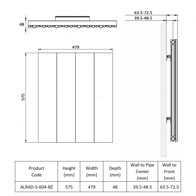 Prestige Quebec Single Horizontal Aluminium Radiator 575mm H x 479mm W - Bronze  | Dimension Image
