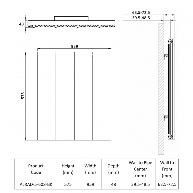 Prestige Quebec Single Horizontal Aluminium Radiator 575mm H x 959mm W - Black  | Dimension Image