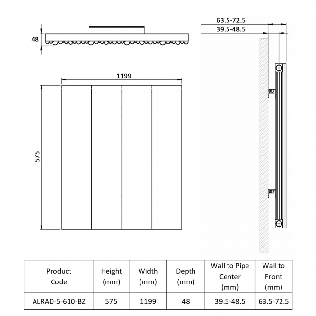 Prestige Quebec Single Horizontal Aluminium Radiator 575mm H x 1199mm W - Bronze  | Dimension Image