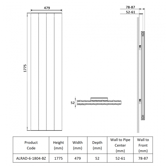 Prestige Quebec Double Vertical Aluminium Radiator 1775mm H x 479mm W - Bronze  | Dimension Image
