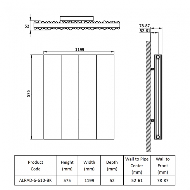 Prestige Quebec Double Horizontal Aluminium Radiator 575mm H x 1199mm W - Black  | Dimension Image