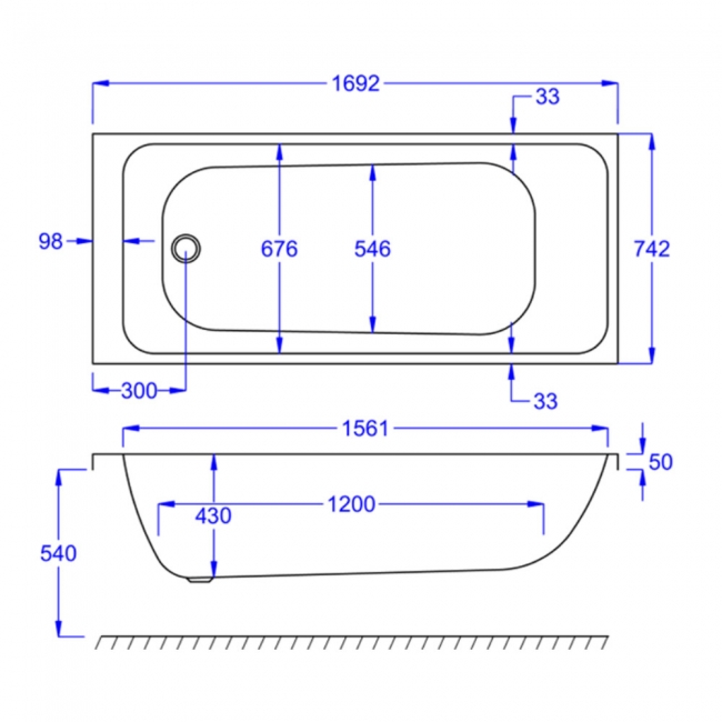 Prestige Refine Rectangular Acrylic Bath 1700mm x 750mm Single Ended