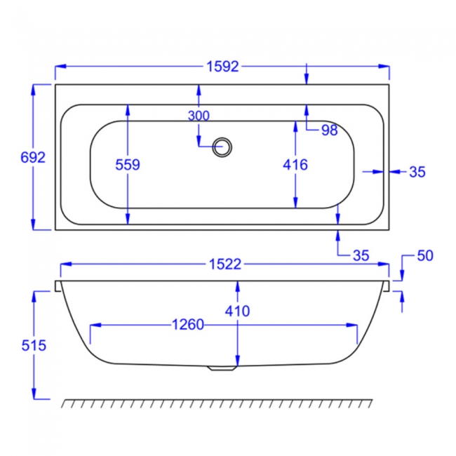 Prestige Refine Duo Rectangular Acrylic Bath 1600mm x 700mm Double Ended  | Dimension Image