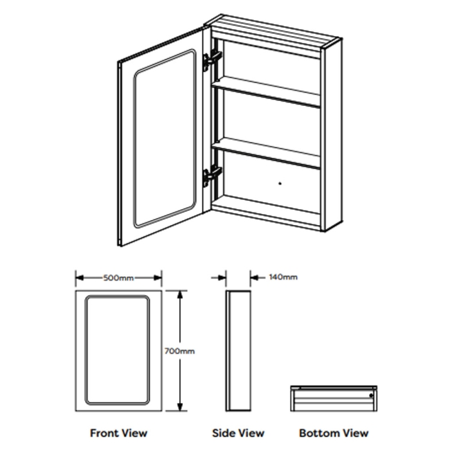 Prestige Reflections Fine LED Mirror Cabinet 700mm H x 500mm W  | Dimension Image