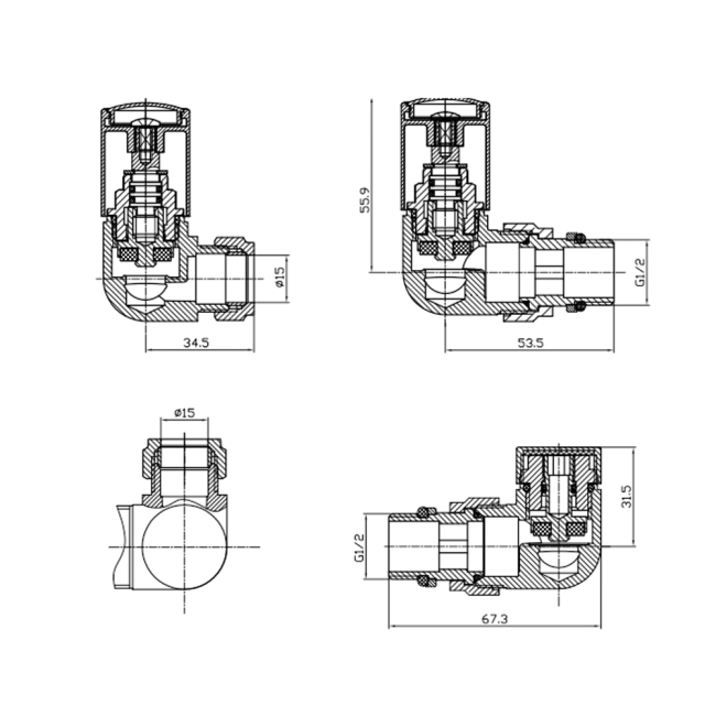 Prestige Modern Corner Radiator Valves, 15mm, Pair, Chrome  | Dimension Image
