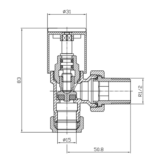 Prestige Modern Angled Radiator Valves, 15mm, Pair, Chrome  | Dimension Image