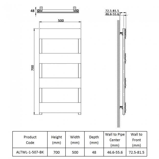 Prestige Sherbrooke Designer Heated Towel Rail 700mm H x 500mm W - Black  | Dimension Image