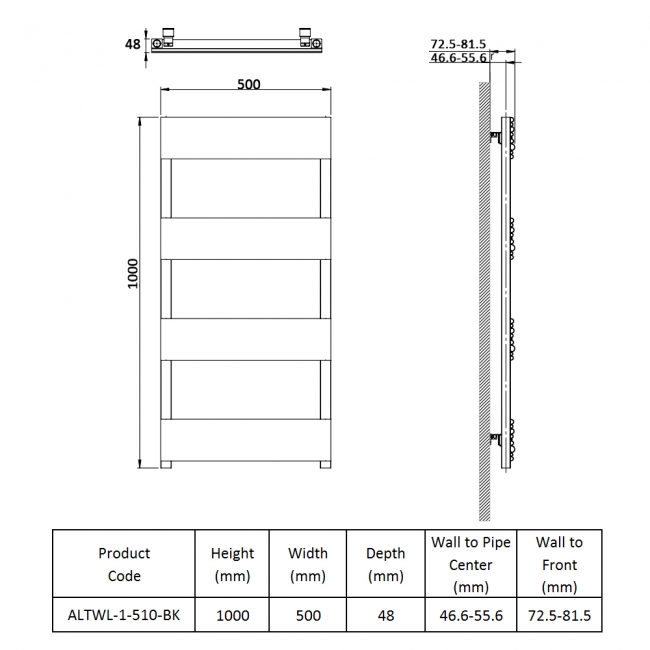 Prestige Sherbrooke Designer Heated Towel Rail 1000mm H x 500mm W - Black  | Dimension Image