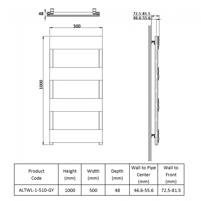 Prestige Sherbrooke Designer Heated Towel Rail 1000mm H x 500mm W - Grey  | Dimension Image