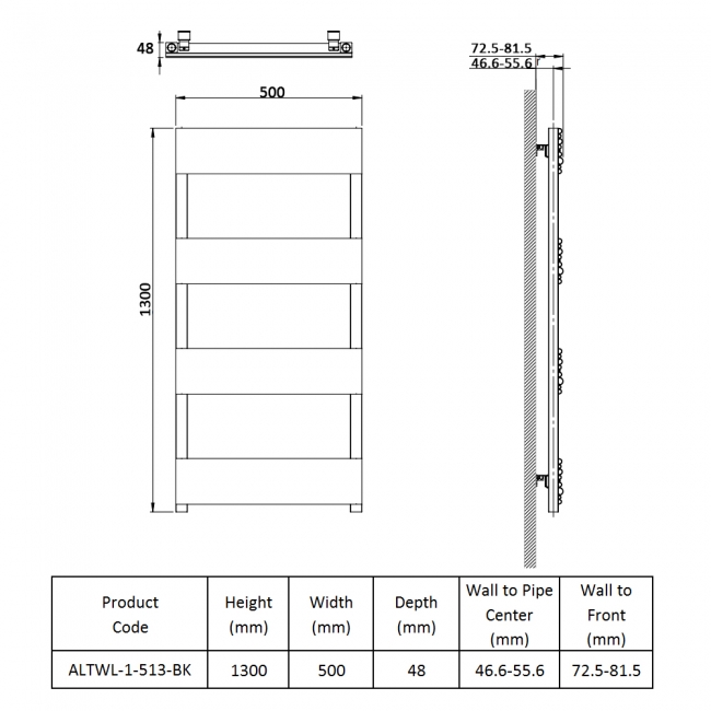 Prestige Sherbrooke Designer Heated Towel Rail 1300mm H x 500mm W - Black  | Dimension Image