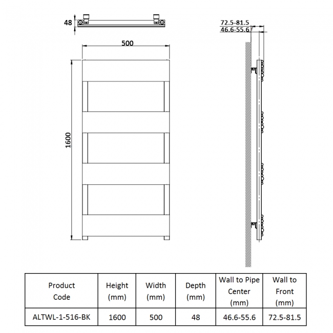 Prestige Sherbrooke Designer Heated Towel Rail 1600mm H x 500mm W - Black  | Dimension Image