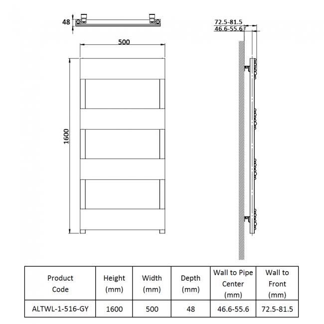 Prestige Sherbrooke Designer Heated Towel Rail 1600mm H x 500mm W - Grey  | Dimension Image
