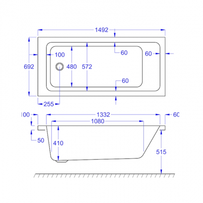 Prestige Spirit Rectangular Acrylic Bath 1500mm x 700mm Single Ended (inc Leg Set)