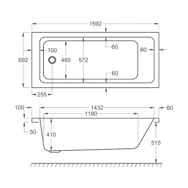 Prestige Spirit Rectangular Acrylic Bath 1600mm x 700mm Single Ended  | Dimension Image