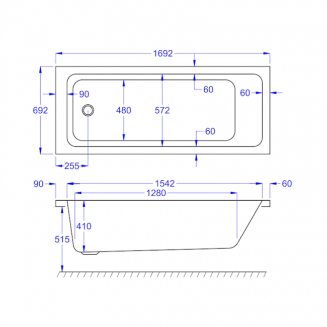 Prestige Spirit Rectangular Acrylic Bath 1700mm x 700mm Single Ended (inc Leg Set)