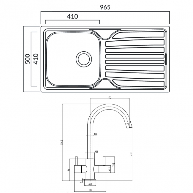 Prima 1.0 Bowl Kitchen Sink with Staten Sink Tap and inset Sink 965mm L x 500mm W - Stainless Steel/Chrome