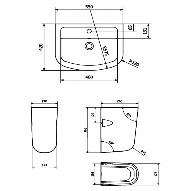 Prestige Studio Basin with Semi Pedestal 550mm Wide 1 Tap Hole