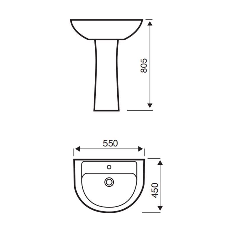 Prestige Style Basin with Full Pedestal 550mm Wide - 1 Tap Hole