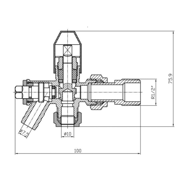 Prestige Style Angled Lockshield Valve with Drain-Off, 10mm, White/Chrome  | Dimension Image