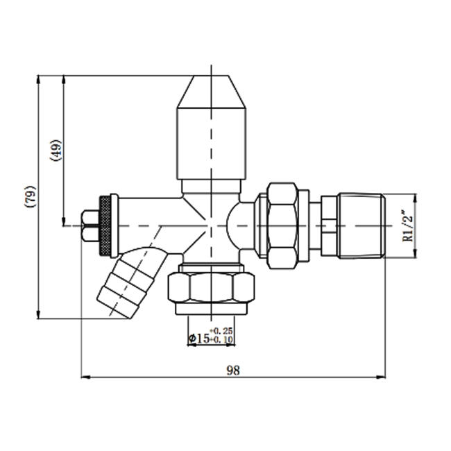 Prestige Style Angled Lockshield Valve with Drain-Off, 15mm, White/Chrome  | Dimension Image