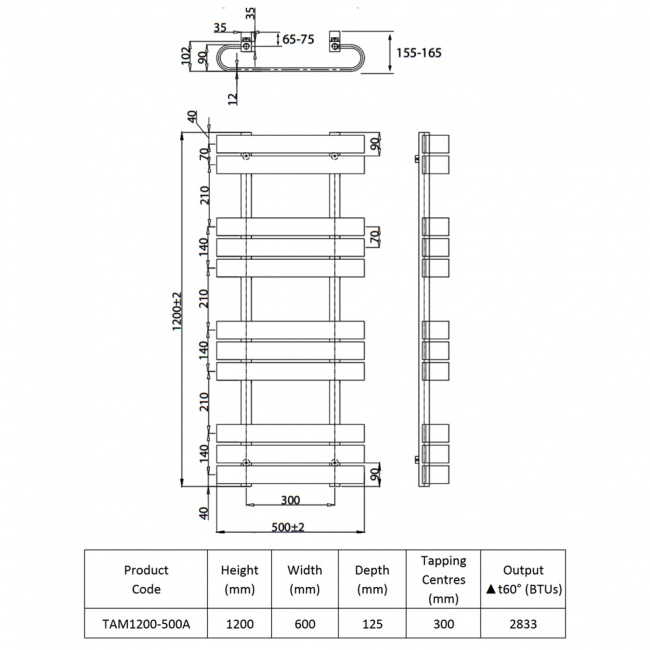Prestige Tampa Designer Towel Rail 1200mm H x 500mm W - Anthracite