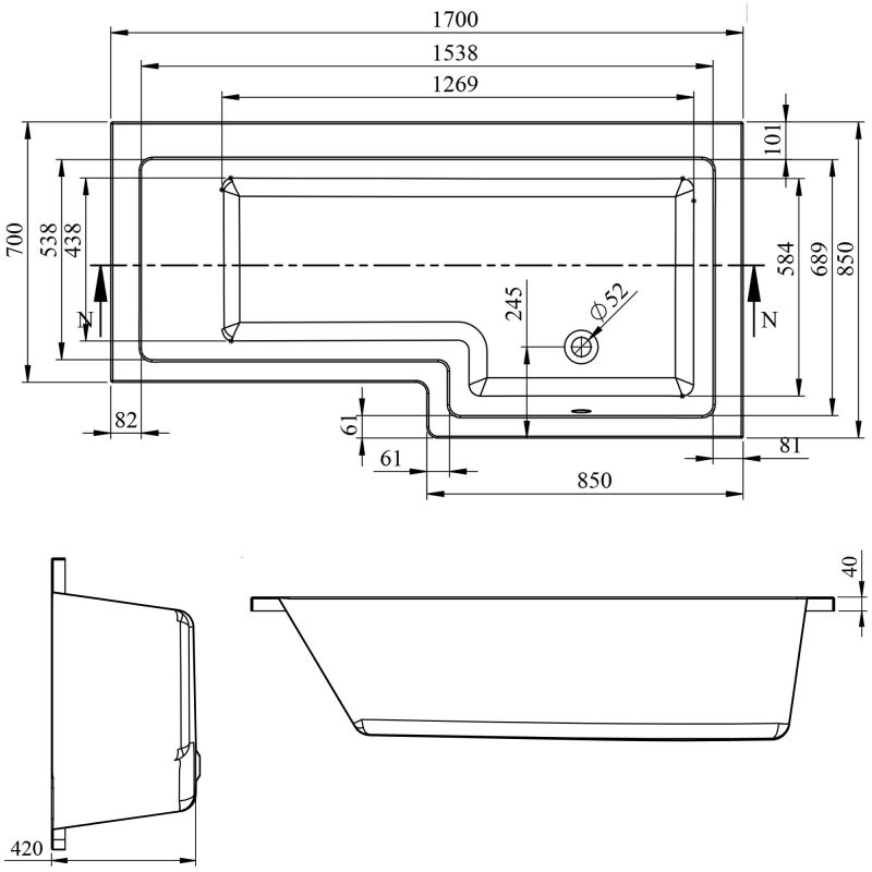 Prestige Tetris LShaped Bath BAT041TE 1700mm x 850mm Acrylic
