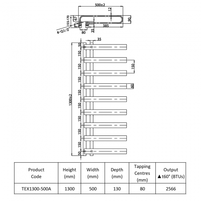 Prestige Texas Designer Towel Rail 1300mm H x 500mm W - Anthracite