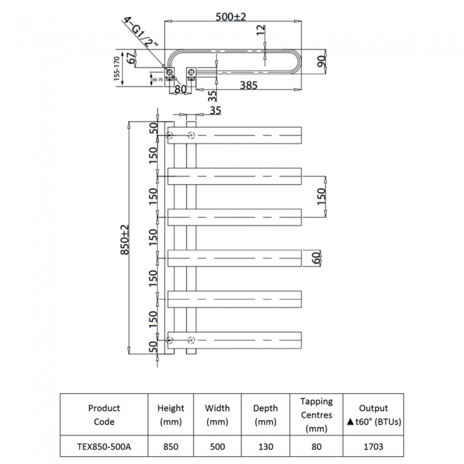 Prestige Texas Designer Towel Rail 850mm H x 500mm W - Anthracite