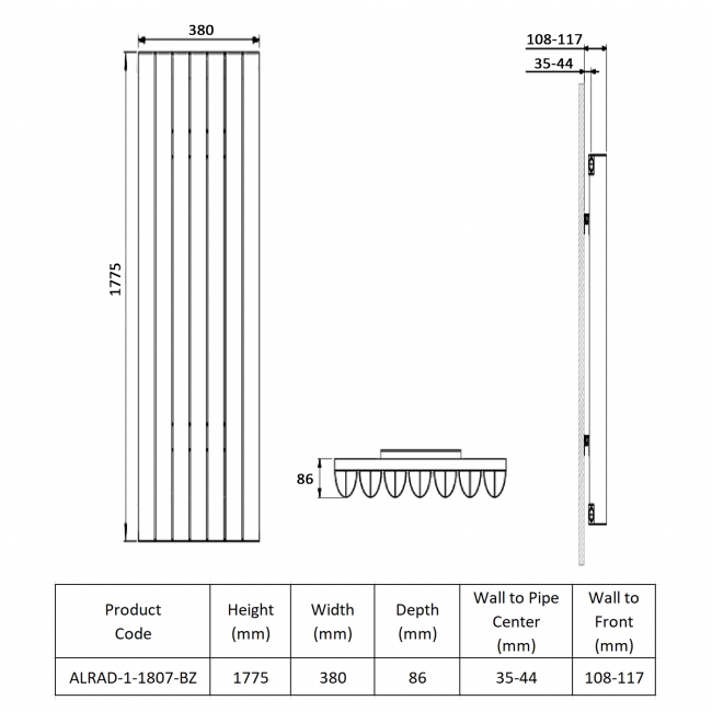 Prestige Toronto Vertical Aluminium Radiator 1775mm H x 380mm W - Bronze  | Dimension Image
