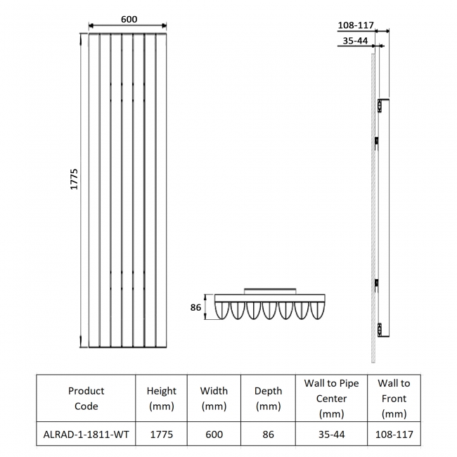 Prestige Toronto Vertical Aluminium Radiator 1775mm H x 600mm W - White  | Dimension Image