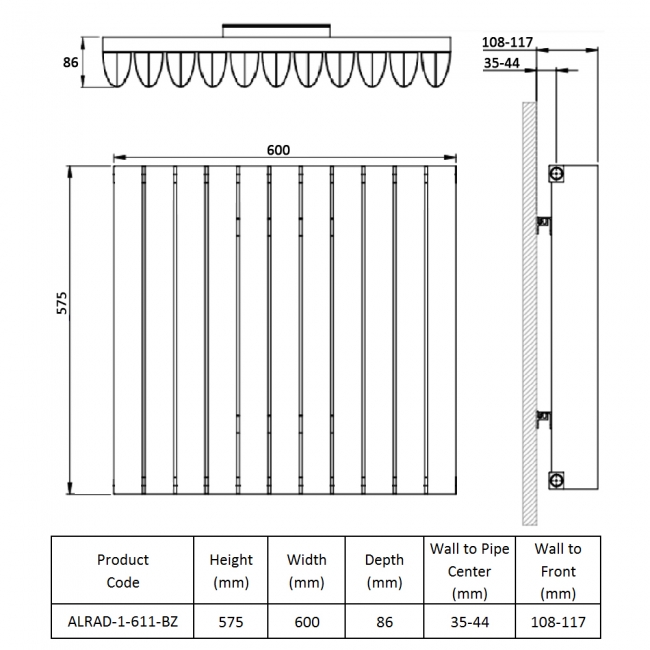 Prestige Toronto Horizontal Aluminium Radiator 575mm H x 600mm W - Bronze  | Dimension Image