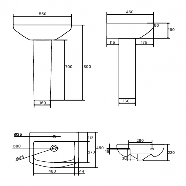 Prestige Trim Basin with Full Pedestal 550mm Wide 1 Tap Hole