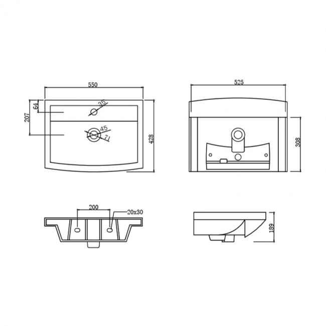 Prestige Trim Semi Recessed Basin 550mm Wide 1 Tap Hole