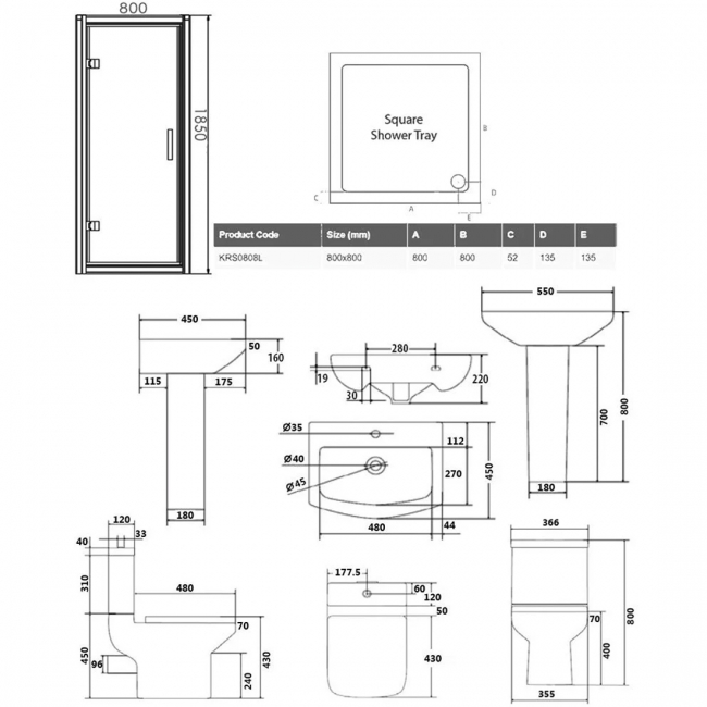 Trim Bathroom En-Suite with Hinged Shower Door - 800mm Wide