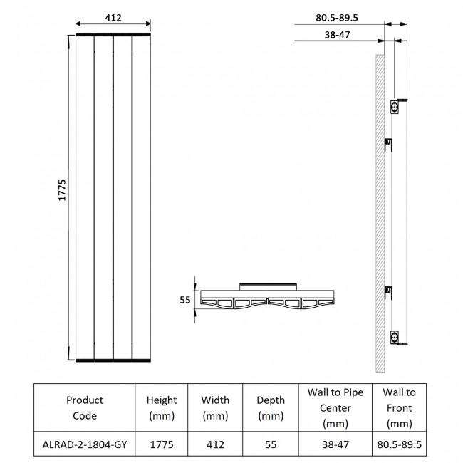 Prestige Vancouver Single Vertical Aluminium Radiator 1775mm H x 412mm W - Grey  | Dimension Image