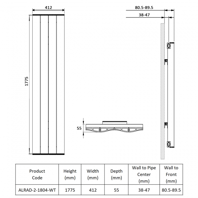 Prestige Vancouver Single Vertical Aluminium Radiator 1775mm H x 412mm W - White  | Dimension Image