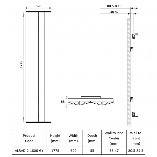 Prestige Vancouver Single Vertical Aluminium Radiator 1775mm H x 620mm W - Grey  | Dimension Image