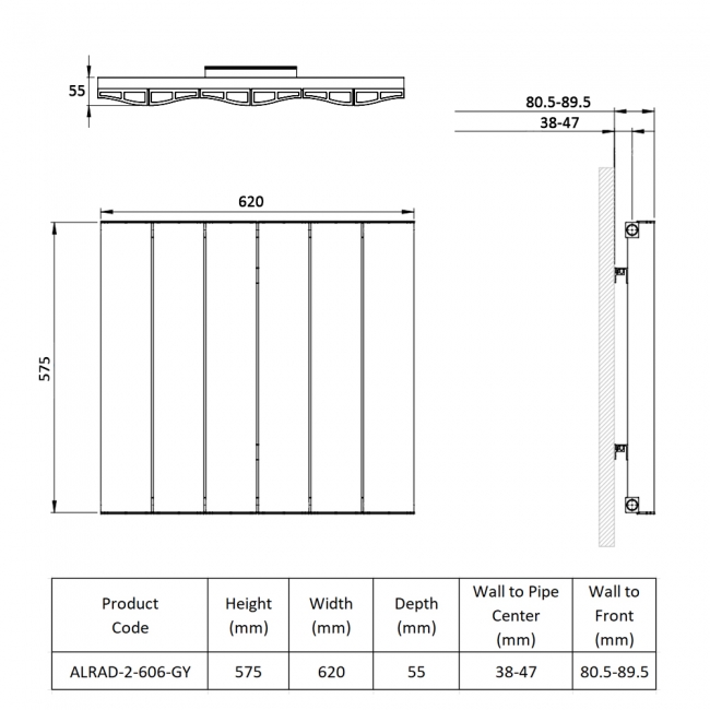 Prestige Vancouver Single Horizontal Aluminium Radiator 575mm H x 620mm W - Grey  | Dimension Image
