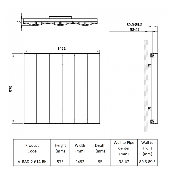 Prestige Vancouver Single Horizontal Aluminium Radiator 575mm H x 1452mm W - Black  | Dimension Image